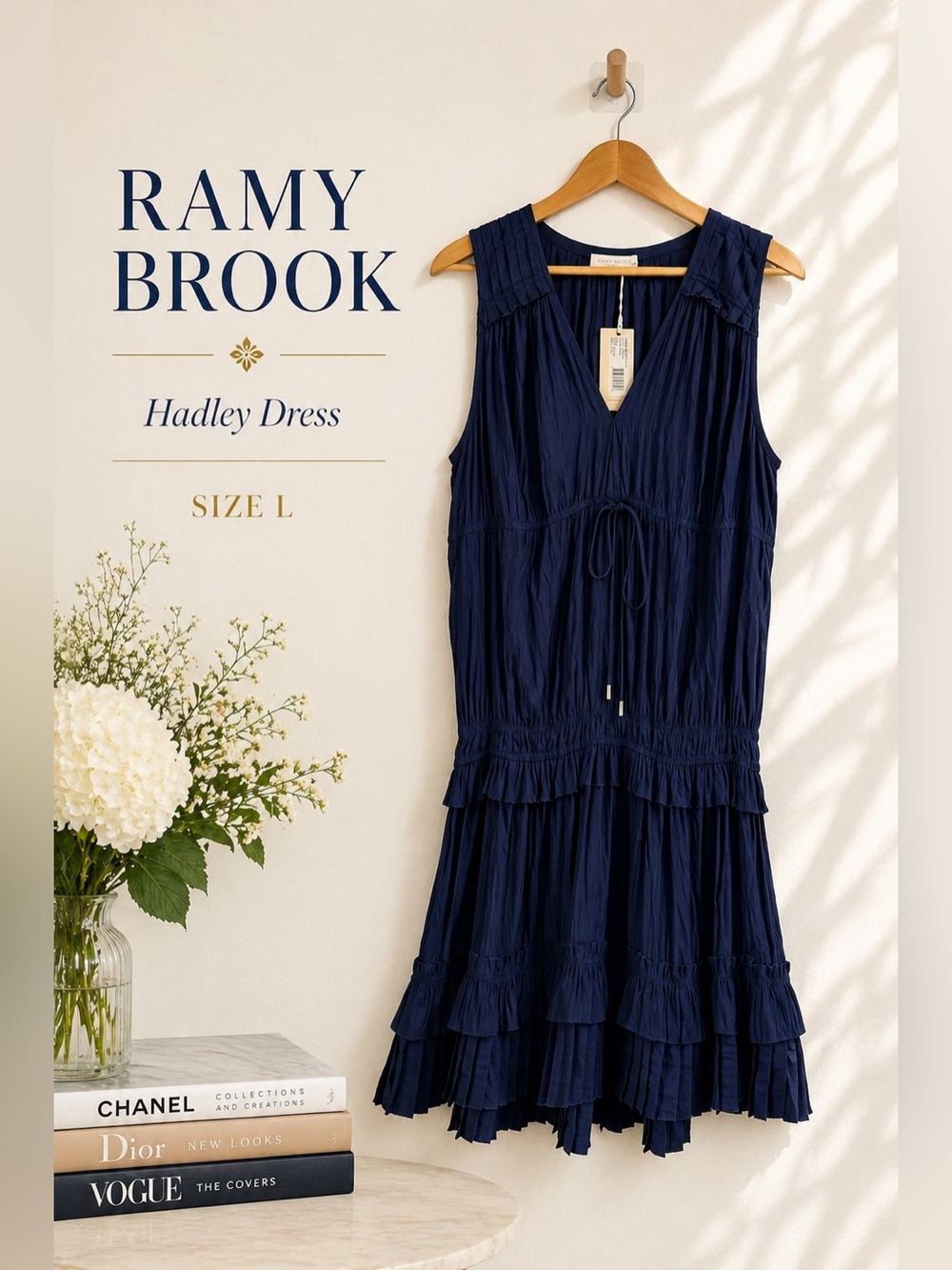 Ramy Brook Hadley Dress Navy Pleated Tiered Mini Dress Size L NWT